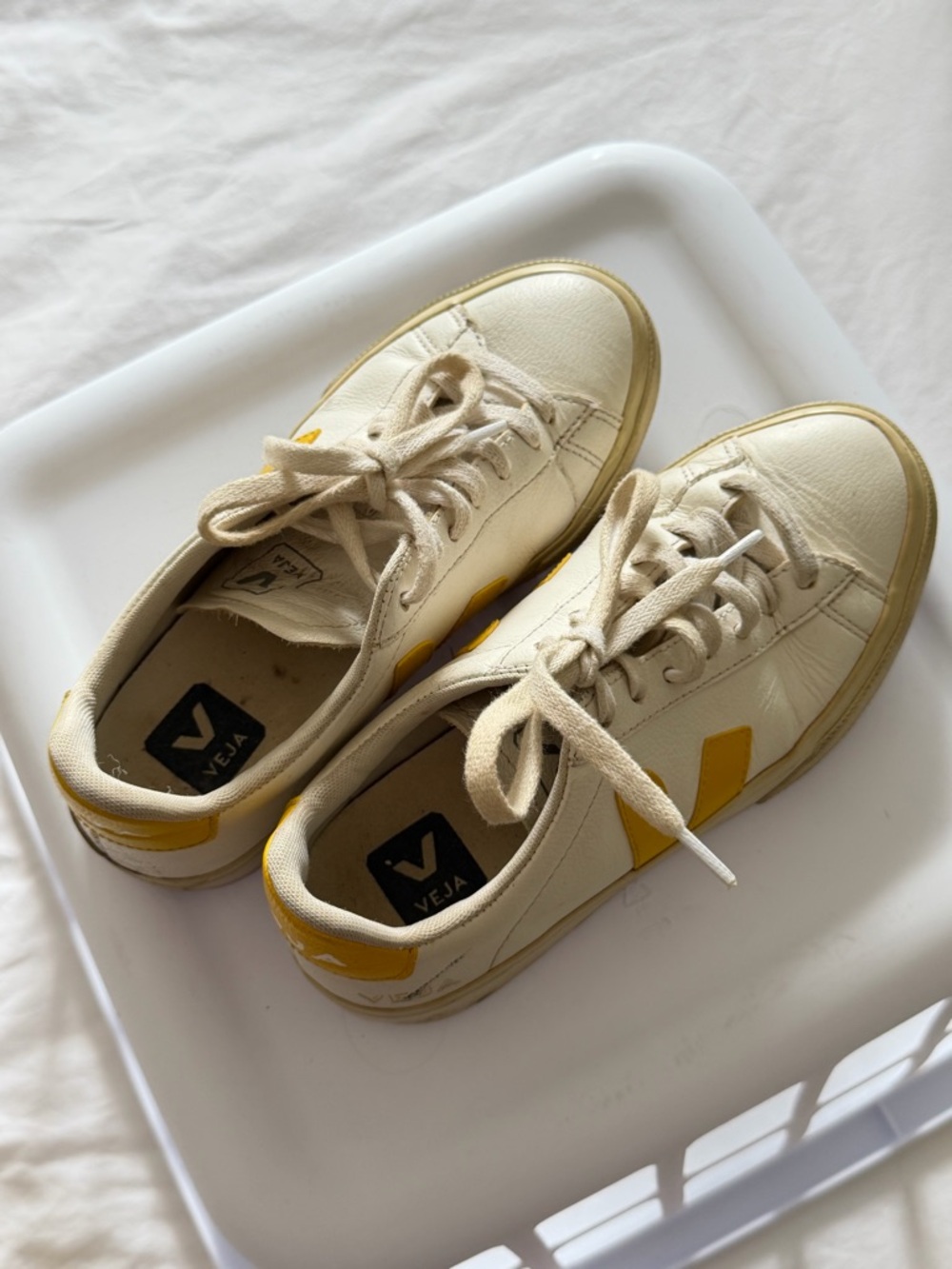 Veja Cream Leather Sneakers with Yellow V Accent